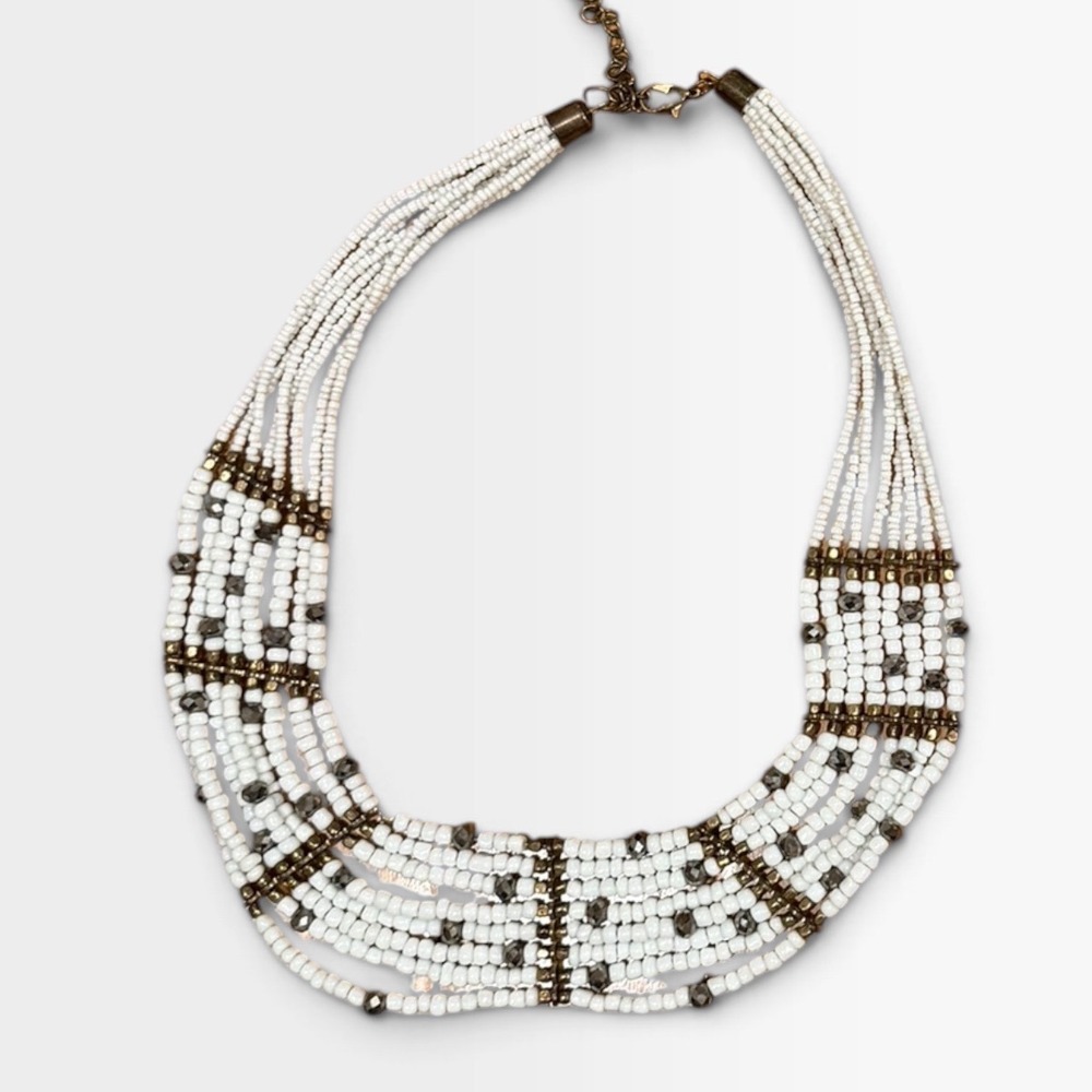 White Seed Bead Multi Strand Bib Necklace Bronze Accent Boho Statement Jewelry